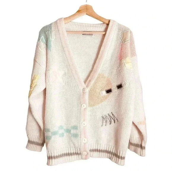Spice of Life Sweaters - Vintage 90s Stefano Chunky Knit Cardigan Small Pastel Geometric Colorblock